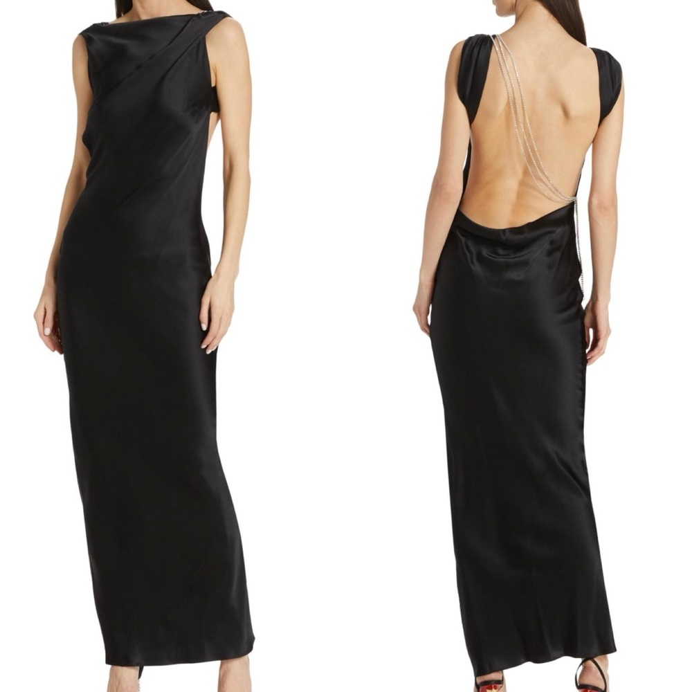 The Bar Black Pierre 100% Silk Open Back Gown